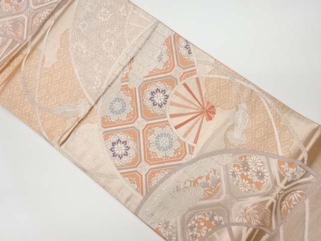 JAPANESE KIMONO / VINTAGE FUKURO OBI / WOVEN FLORAL FAN PATTERN
